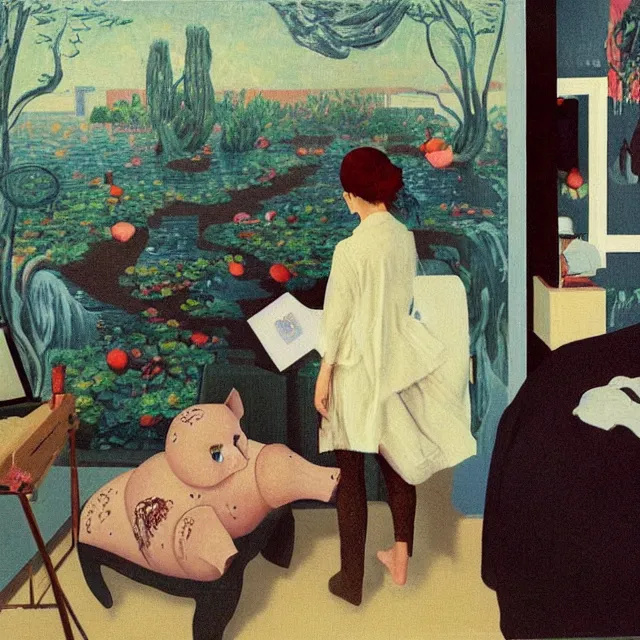 Image similar to female emo art student in her apartment, painting of flood waters inside an artist's feminine bedroom, a river flooding indoors, pomegranates, pigs, ikebana, water, octopus, river, rapids, waterfall, black swans, canoe, berries, acrylic on canvas, surrealist, by magritte and monet