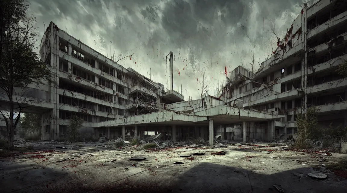 Prompt: post apocalyptic hospital building, morning, building, avenue, modern contemporary urban americana concrete architecture, by pascal blanche, neil blevins, apocalyptic color palette, trending on artstation, photorealistic, wilderness ambiance, ultra detailed, high definition, depth of field, bokeh, rubble, wild vegetation, blood stains, building crumbling, human silhouettes walking