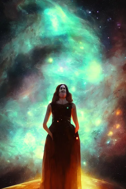 Image similar to a woman, wearing a dress made of stars and nebulae, dramatic, volumetric lighting, planets in the background, smooth, sharp focus, very detailed, by greg rutkowski, artstation, tom badshaw, 8 k, symmetrical face