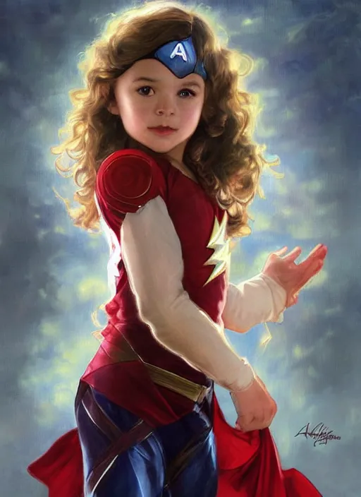 Image similar to a little girl with a mischievous face and light brown curly wavy hair. she is dressed as captain america, batman, the flash, captain marvel, wonder woman, a superhero. clean elegant painting, beautiful detailed face. by artgerm and greg rutkowski and alphonse mucha