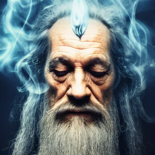 Image similar to portrait of gandalf, eyes closed, covered in smoke, 4 k