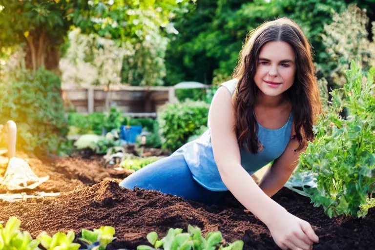 Prompt: a beautiful young brunette, slightly overweight, working in the garden at golden hour, dutch angle, 8k