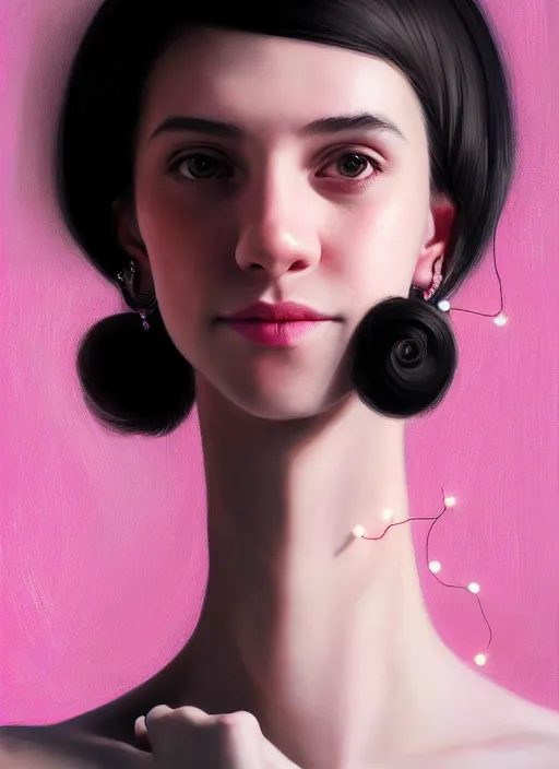 Image similar to portrait of teenage girl, realistic, black hair, bangs, half updo hairstyle, pointy nose, skinny, smile, ugly, defined jawline, big chin, pink hair bow, earrings, intricate, elegant, glowing lights, highly detailed, digital painting, artstation, sharp focus, illustration, art by wlop, mars ravelo and greg rutkowski