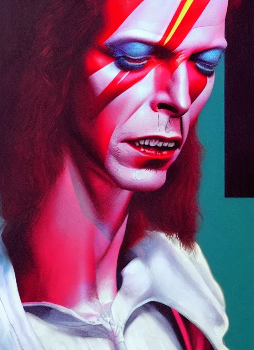 Image similar to portrait of David Bowie from Suspiria (1977), highly detailed, centered, solid color background, digital painting, artstation, concept art, smooth, sharp focus, illustration, Jason Edmiston, donato giancola, Joseph Christian Leyendecker, Les Edwards, Ed Repka, WLOP, Artgerm