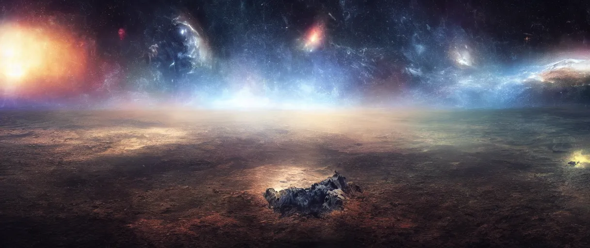 Prompt: a small lone crumbling island, center of image, floating in space, debris, planets, stars, nebula, studio, digital art, detailed, depth of field