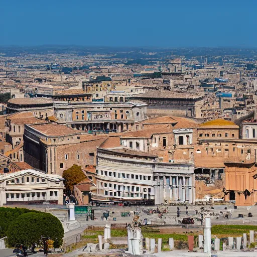 Image similar to realistic photo of a city that resembles rome during the height of the Roman Empire, 8k, wide shot, clear blue sky