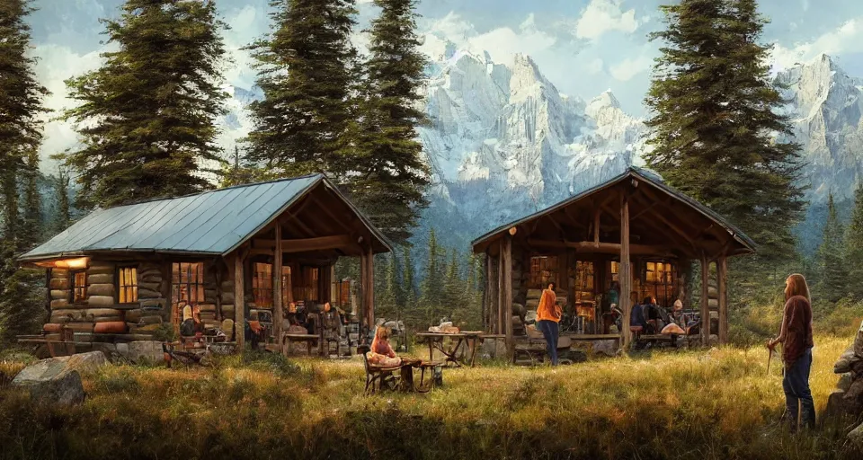 Image similar to cabela's beautiful comfortable modular pop - up insulated all terrain family dwelling, cabin,, person in foreground, mountainous forested wilderness open fields, beautiful views, painterly concept art, joanna gaines, environmental concept art, farmhouse, magnolia, concept art illustration, by james gurney, by craig mullins, by greg rutkowski trending on artstation