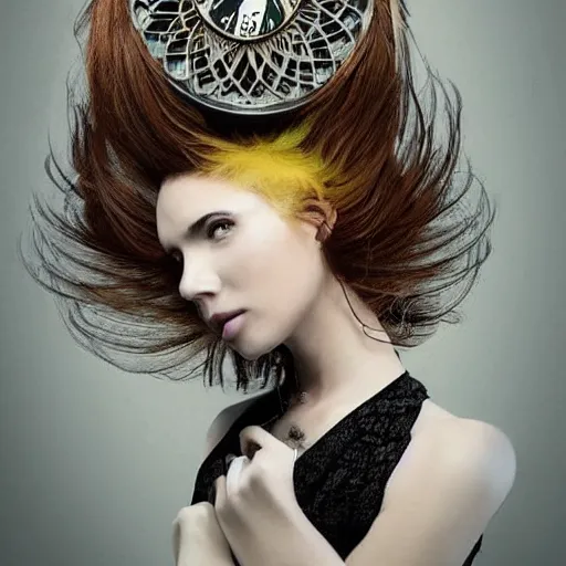 Image similar to hair styled to look like a coocoo clock with the bird popping out, real life, photograph, salon magazine cover, high end fashion, crazy hair, creative, odd