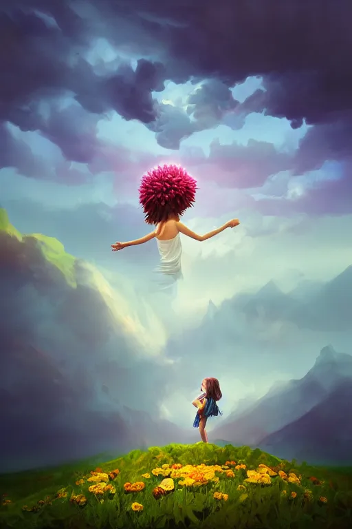 Image similar to closeup giant dahlia flower under head, girl standing on mountain, surreal photography, blue storm clouds, dramatic light, impressionist painting, digital painting, artstation, simon stalenhag