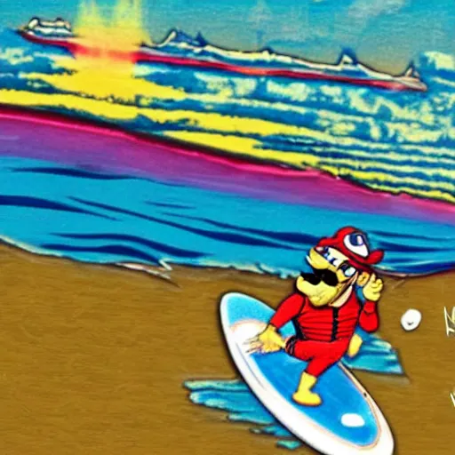 Prompt: Wario surfing in Hawaii