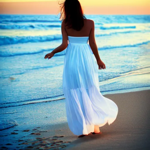 Image similar to a beautiful photograph of a woman in a white dress on the beach at sunset, by krysia lukkason