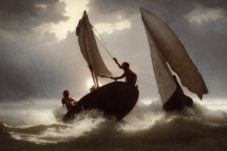 Image similar to ancient historically accurate depiction of Bible Character walking on water during a storm, a small fishing sailboat with scared sailors on board, dramatic lighting by frank miller, illustration by Ruan Jia and Mandy Jurgens and William-Adolphe Bouguereau, Artgerm, 4k, digital art, surreal, space dandy style, highly detailed, godsend, artstation, digital painting, concept art, smooth, sharp focus, illustration by Ruan Jia and Mandy Jurgens and William-Adolphe Bouguereau, Artgerm