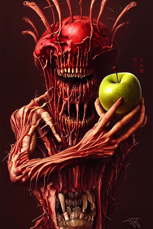 Prompt: tooth and flesh demon holding an apple gift by anna podedworna, ayami kojima, greg rutkowski, giger, maxim verehin