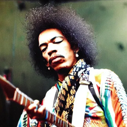 Image similar to jimi hendrix playing a snake, color photo, cinematic