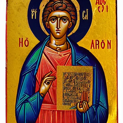 Prompt: Apollo, Byzantine Orthodox icon, archival photograph