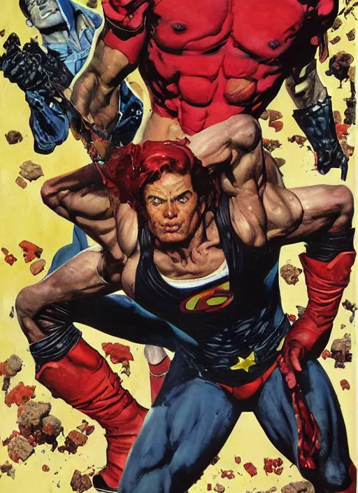 Image similar to full body and head portrait of a new hybrid superhero, dynamic action, painted by norman rockwell and phil hale and greg staples and tom lovell and frank schoonover and jack kirby