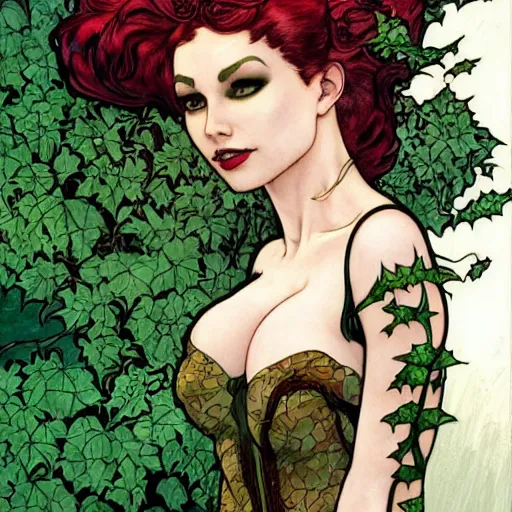 Image similar to a beautiful painting of poison ivy dressed as catwoman and catwoman dressed as poison ivy, intricate, elegant, highly detailed, digital painting, artstation, concept art, matte, sharp focus, illustration, art byby rebecca guay and by arthur rackham and by alphonse mucha and by john william waterhouse, comic book style!!!!!