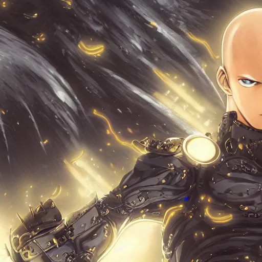 Prompt: saitama and genos intricately detailed, physically based rendering, realistic, in the style of WLOP, illustration, epic, fantasy, hyper detailed, smooth, unreal engine, sharp focus, ray tracing