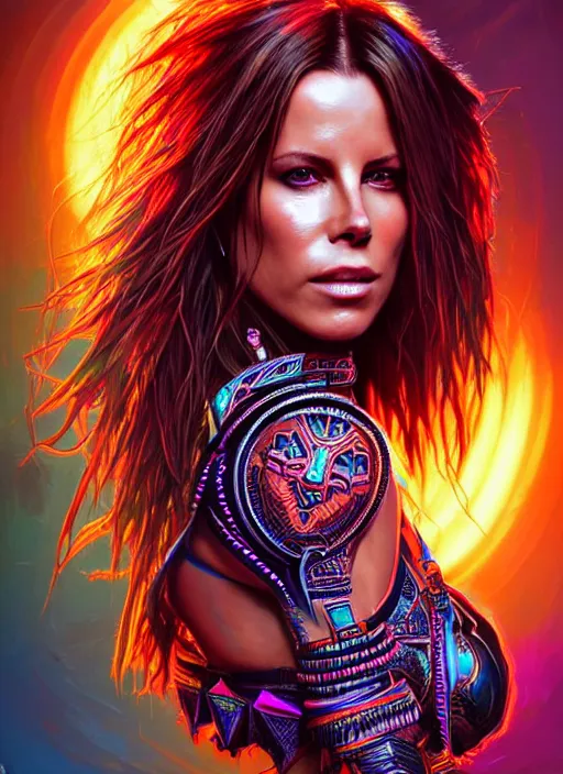 Image similar to hyper detailed ultra sharp aztec underworld warrior trance girl, kate beckinsale. trending on artstation, warpaint aesthetic, earthwave, colorful, neon, ornate, intricate, digital painting, concept art, smooth, sharp focus, illustration, art by artgerm and greg rutkowski and h. r. giger, 8 k