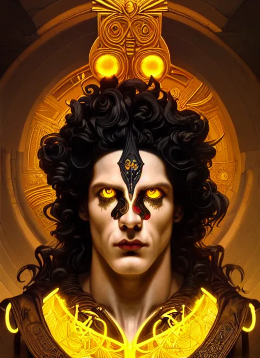 Image similar to portrait of greek god ares, black curly hair, glowing eyes, volumetric lights, yellow red scheme, art nouveau botanicals, gothic, intricate, highly detailed, digital painting, artstation, concept art, smooth, sharp focus, symmetric face, illustration, steampunk, art by artgerm and greg rutkowski and alphonse mucha