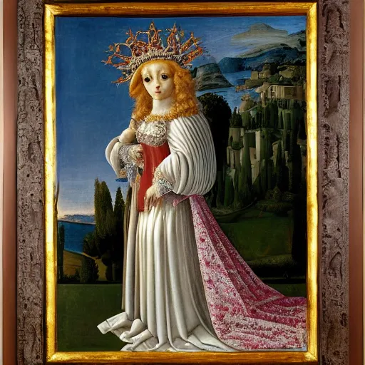 Image similar to portrait of a white poodle dog as an italian queen, painting by botticelli, 1 4 8 0 s