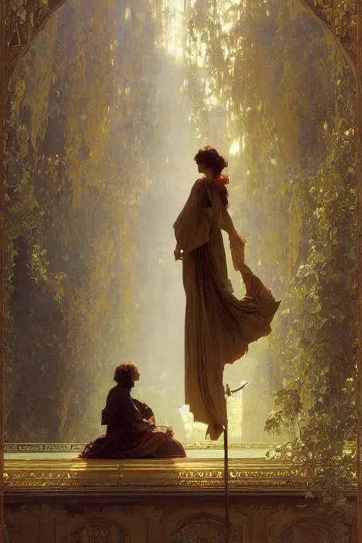 Image similar to Between heaven and elegance long are the shadows of dreams, by greg rutkowski, Ilya repin, alphonse mucha, and Edmund Blair Leighton A meaningful painting, oil on canvas, baroque, beautiful lighting, trending on Artstation, Highly detailed