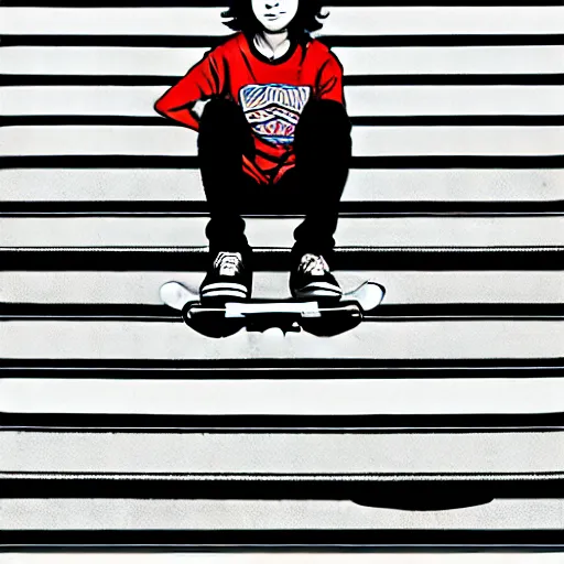 Image similar to skater girl sitting on steps by scott pilgrim, by bryan lee o'malley