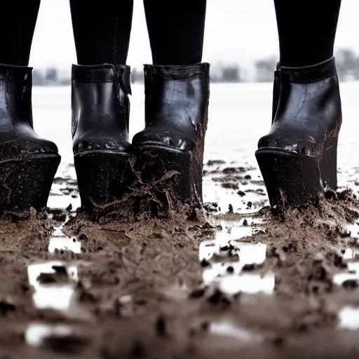 Image similar to a photo of a woman walking trough muddy nature in her shiny black platform boots, wedge heel, very chunky goth style, really muddy, close up of her feet and calves, 8k