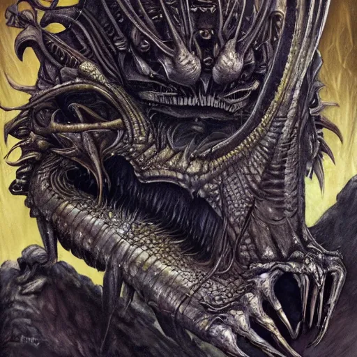 Prompt: Giger portrait of queen dragon, Dragon in dragon lair, HD, full body dragon concept, soft shading, hyperdetailed, wide angle lens, fantasy, futuristic horror, style of giger