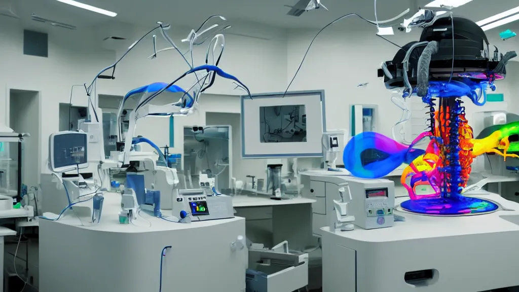 Image similar to a complex bifurcated surgical arm hybrid mri 3 d printer machine making colorful mutant forms with control panels in the laboratory inspection room, film still from the movie directed by denis villeneuve with art direction by salvador dali, wide lens