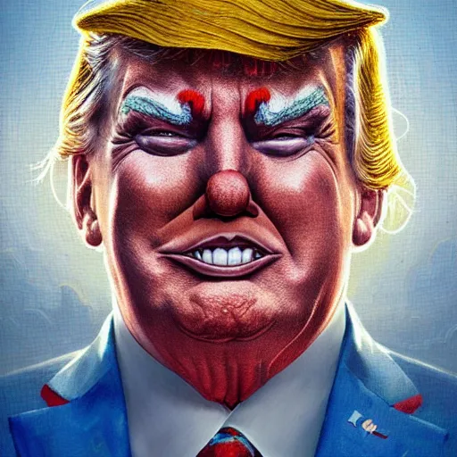 Image similar to mosaic portrait of clown trump into the sky by greg rutkowski, 4k, intricate details, dichotomy