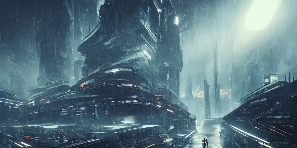 Image similar to futuristic science-fiction landscape of the world of machines, huge mechanical towers buildings and bridges, under a dark cloudy sky, in the style of Blade Runner