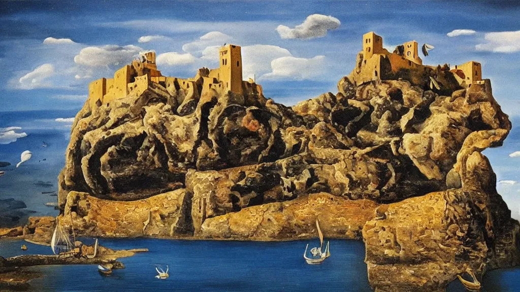 Image similar to High-Quality surrealist painting of Castell de Sant Ferran, peaceful, very detailed, oil painting by Salvador Dalí.