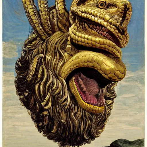 Image similar to a snake snake disguised as a lion head neck neck head mane tall long viper teeth head eyes giorgio de chirico peter doig greg rutkowski lucian freud arsen savadov dan witz vik muniz