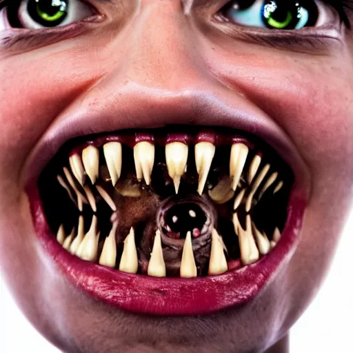 Prompt: mid shot photo of a person, the person has mouths for eyes, the mouths for eyes have a lot of teeth sticking out of them in all directions