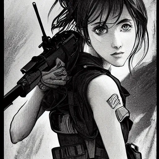 Image similar to manga style, black and white, thin line art, portrait of a girl, shoulder eyes, trench and sandbags in background, soldier clothing, military gear, short hair, hair down, symmetrical facial features, round face, 4 k, detailed drawing, by alphonse mucha, greg rutkowski