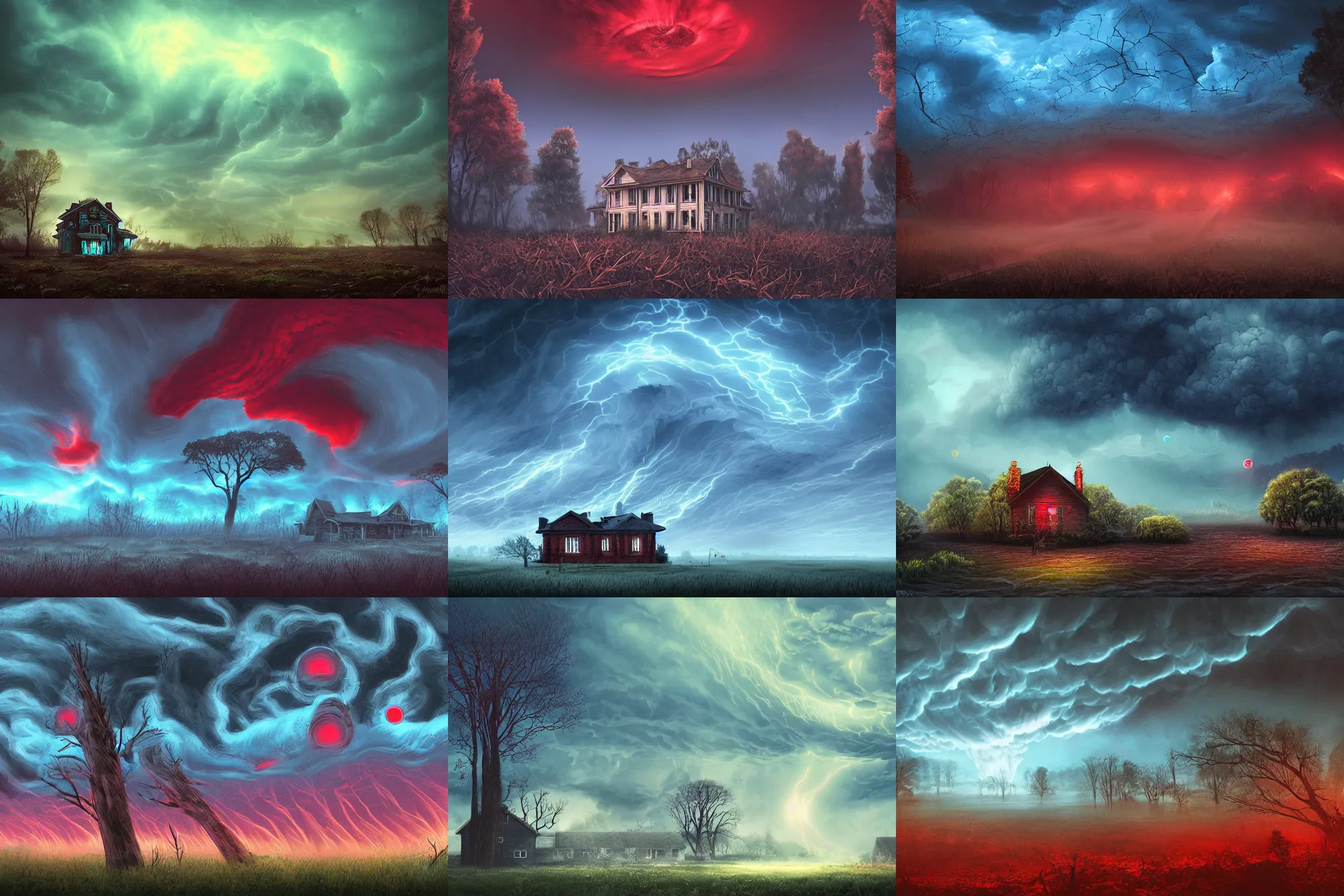 Prompt: undulating clouds, tornado, trees, old residence, lake, dark atmosphere, blue color, dark red color, glowing orbs, glowing lights, surreal, infographic, epic fantasy, digital art, concept art, detailed illustration, hd, 4 k, highly saturated colors, digital art, mike franchina, trending on artstation