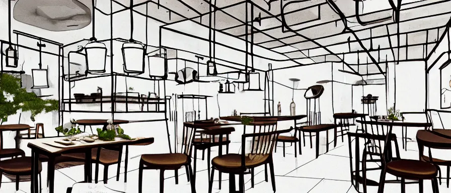 Image similar to a beautiful simple interior 4 k hd wallpaper illustration of small roasted string hotpot restaurant restaurant yan'an, animation illustrative style, from china, restaurant theme wallpaper is tower and mountains, rectangle white porcelain table, black chair, fine simple delicate structure, simple style structure decoration design, victo ngai, james jean, 4 k hd