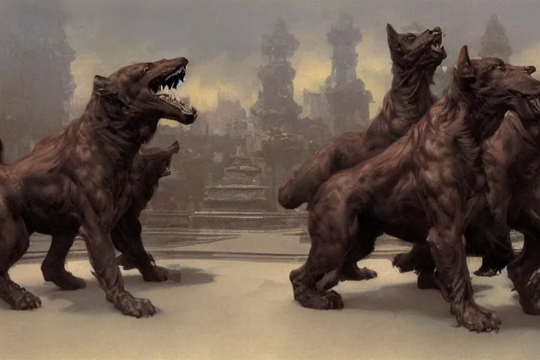 Image similar to hyperdetailed matte art of cerberus by ilya repin, amano, rene magritte, craig mullins