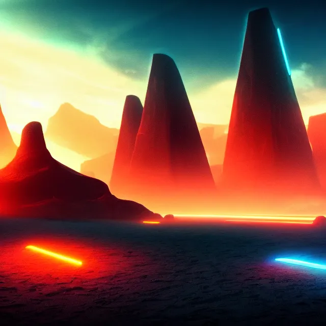 Image similar to a black sandy beach with monoliths in the background, tron legacy!, blue and orange neon lights, dark waters, dark lighting, misty background, vivid colors, high detail, trending on artstation, deviantart featured