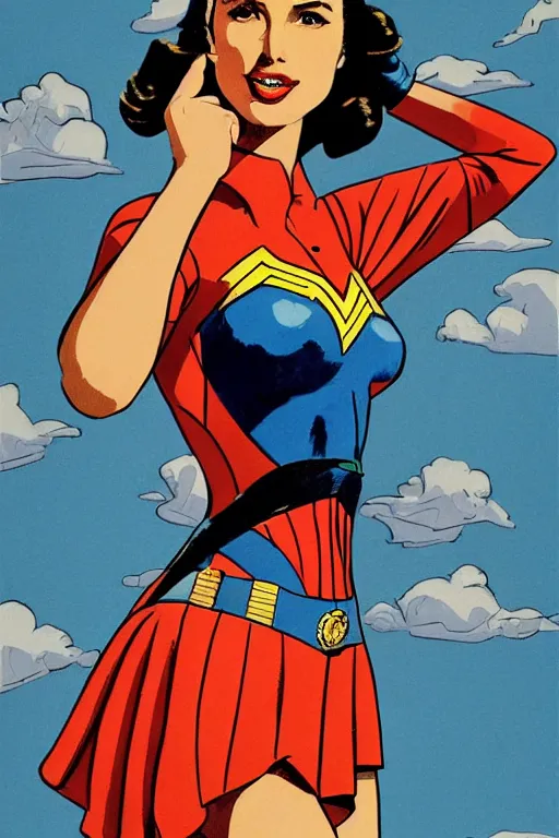 Prompt: full body illustration of a beautiful gal gadot in the style of bill medcalf, mario testino, blue sky with a few clouds, retro, 1 9 5 0, detailed, 1 / 3 headroom, cinematic rule of thirds