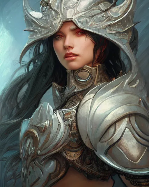 Image similar to Portrait of a Fantasy white knight, moonlit, HD, illustration, epic, D&D, fantasy, intricate, elegant, highly detailed, digital painting, artstation, concept art, smooth, sharp focus, illustration, art by artgerm and greg rutkowski and alphonse mucha, monster hunter illustrations art book