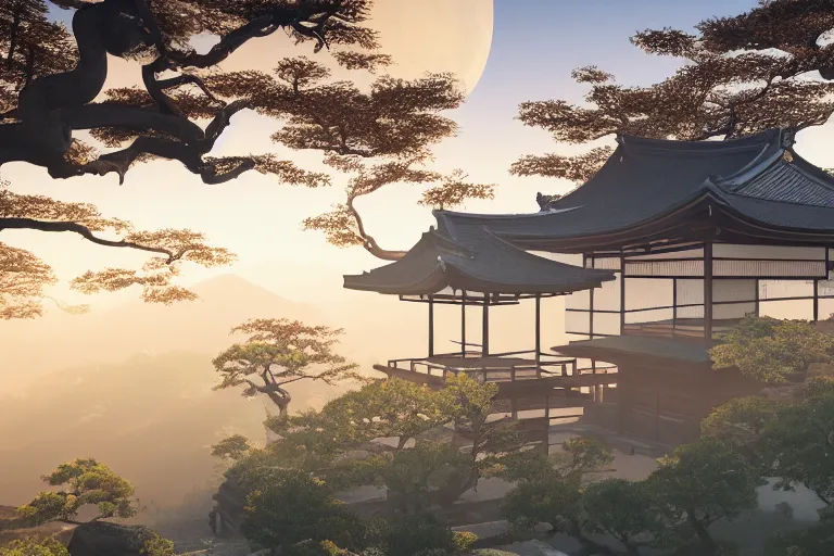 Prompt: Old japanese architecture in a Japanese valley, peaceful sky, golden hour, taken in unreal engine 5, 4k