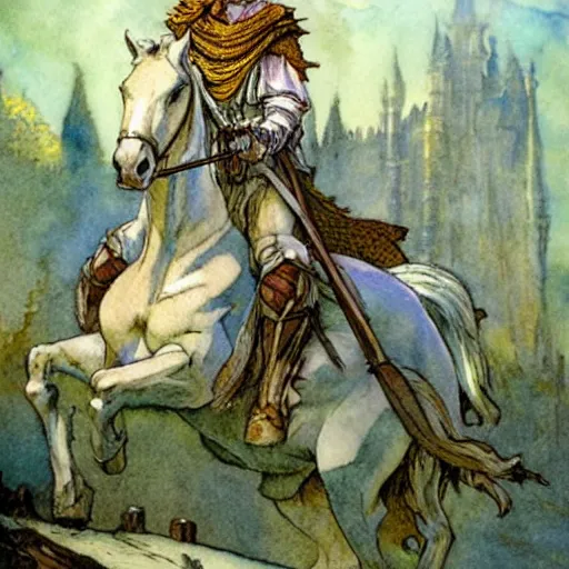 Image similar to a realistic and atmospheric watercolour fantasy concept art of a knight on a white horse, muted colors. by rebecca guay, michael kaluta, charles vess and jean moebius giraud,