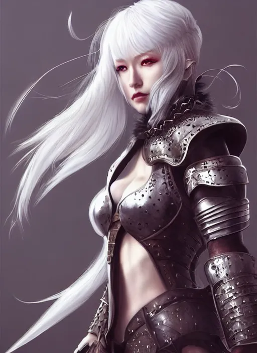 Prompt: warrior, fur leather armor!!! beautiful and elegant white hair female!! gorgeous ayes!! character concept art, sharp focus, octane render! unreal engine 5! highly rendered!! trending on artstation!! detailed linework!! illustration by artgerm, wlop, and chie yoshii