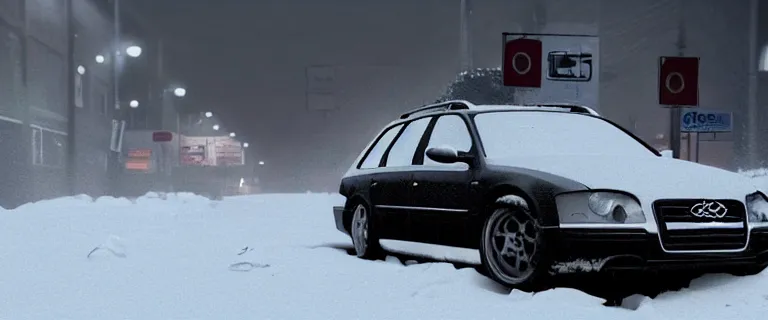 Image similar to Audi A4 B6 Avant (2002), a gritty neo-noir, dramatic lighting, cinematic, eerie person, death, homicide, homicide in the snow, viscera splattered, gunshots, bullet holes, establishing shot, extremely high detail, cracked windows, photorealistic, arson, makeshift grave, cinematic lighting, artstation, by simon stalenhag, Max Payne (PC) (2001) winter New York at night, In the style of Max Payne 1 graphic novel, flashing lights, Poets of the Fall - Late Goodbye