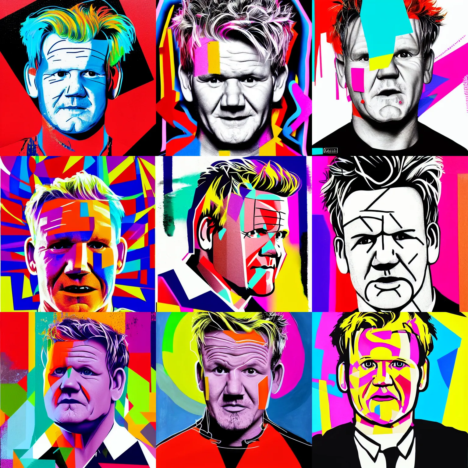 Prompt: Portrait of Gordon Ramsay, geometric shapes, spray paint, vibrant colors, black lines, no facial features