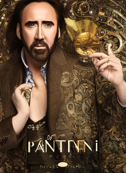 Prompt: pantene advertisement photography of nicolas cage by mucha, extremely coherent, sharp focus, elegant, render, octane, detailed, award winning photography, masterpiece, rim lit