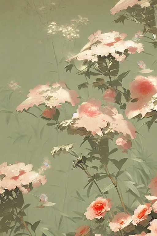 Prompt: Chinoiserie floral wallpaper by Craig Mullins, pixar, double exposure