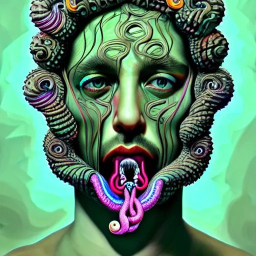 Image similar to an extremely psychedelic portrait of medusa as joe rogan, surreal, lsd, face, detailed, intricate, elegant, lithe, highly detailed, digital painting, artstation, concept art, smooth, sharp focus, illustration